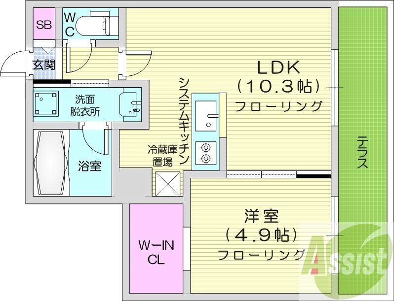 1LDK、エアコン、システムキッチン、ネット無料