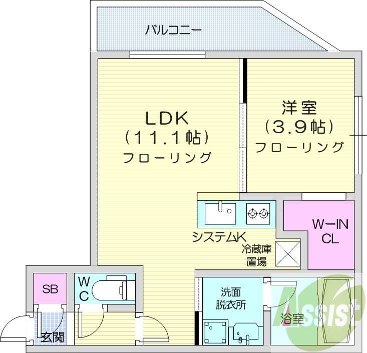 1LDK、エアコン、システムキッチン、ネット無料