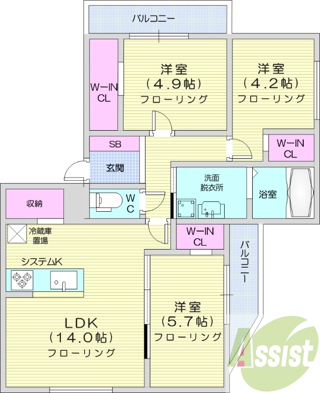 3LDK、エアコン、システムキッチン、ネット無料