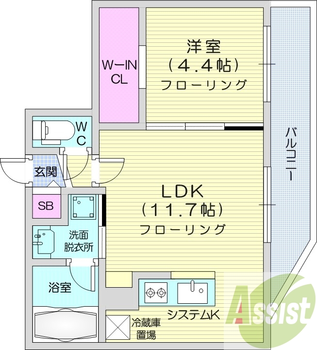 1LDK、エアコン、システムキッチン、ネット無料