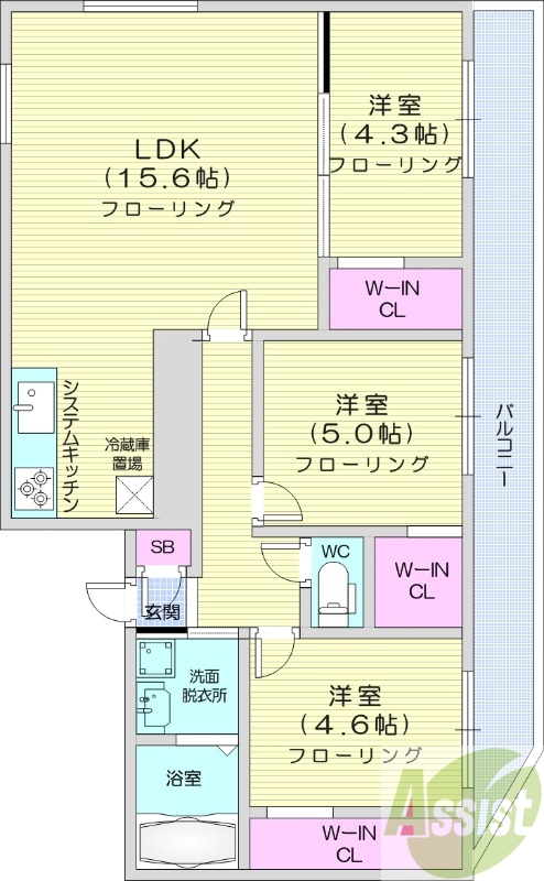 3LDK、エアコン、システムキッチン、ネット無料