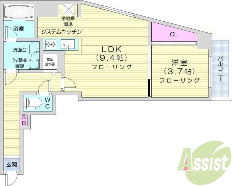 1LDK、オール電化、ロードヒーティング、システムキッチン