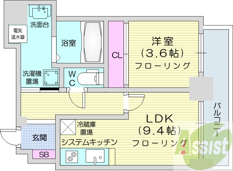 1LDK、オール電化、ロードヒーティング、システムキッチン