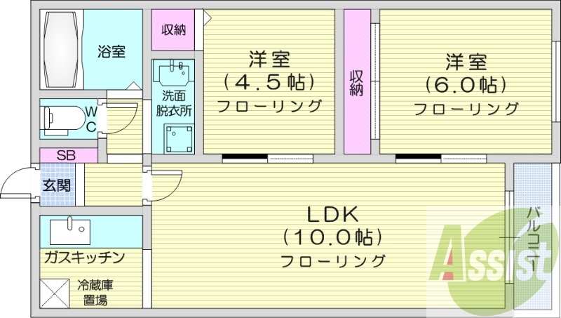 2LDK、独立洗面台、ガス暖房、オートロック、最上階