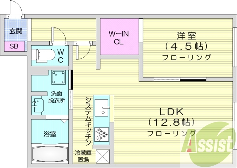 1LDK、エアコン、都市ガス、システムキッチン