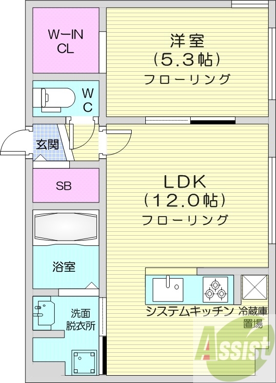 1LDK、エアコン、都市ガス、システムキッチン