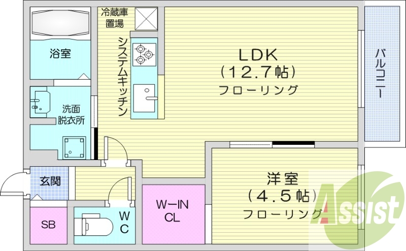 1LDK、エアコン、都市ガス、システムキッチン