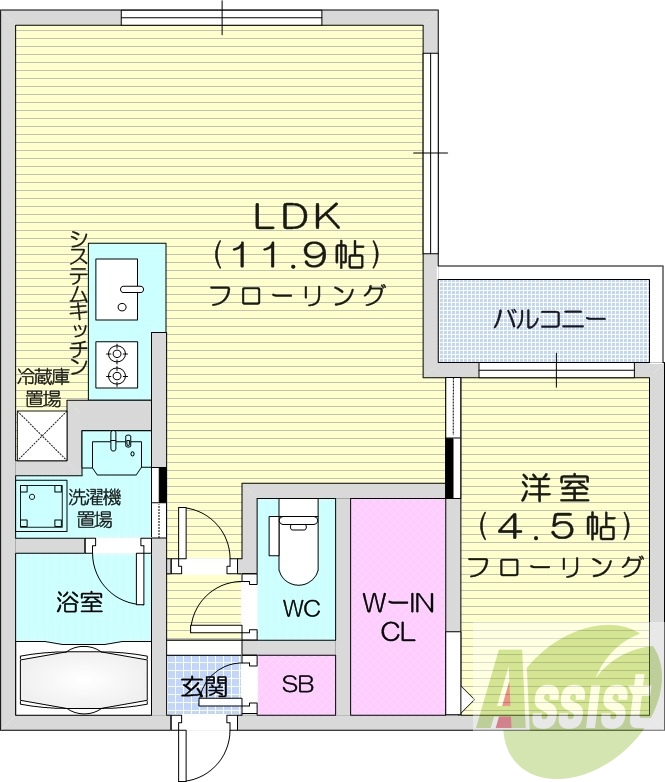 1LDK、都市ガス、エアコン、追い焚き、システムキッチン
