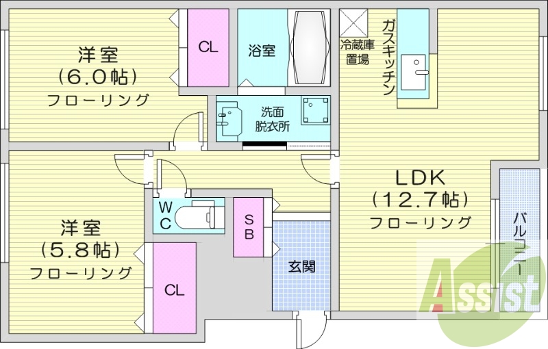 2LDK、灯油暖房、独立洗面台、モニターホン