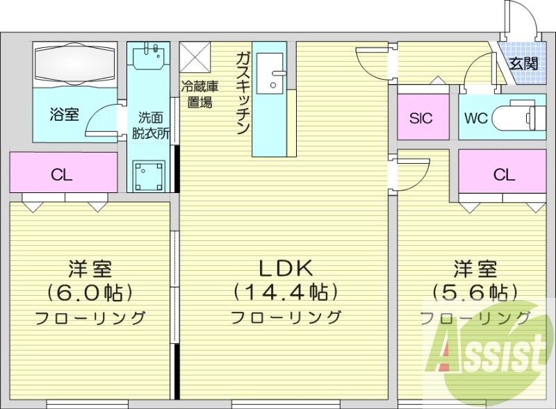 2LDK、エアコン、独立洗面台、シャワートイレ