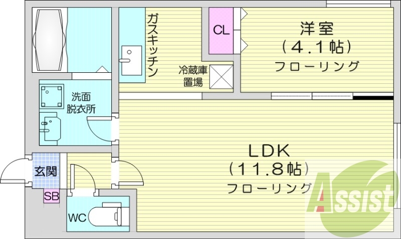 1LDK、エアコン、独立洗面台、シャワートイレ