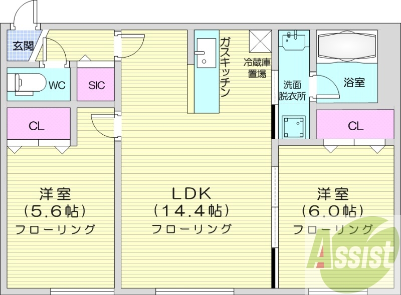2LDK、エアコン、独立洗面台、シャワートイレ