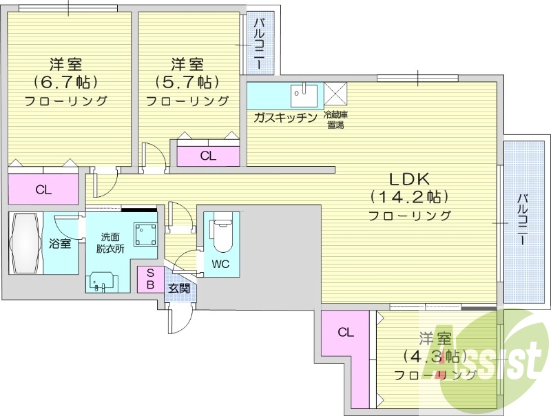 3LDK、エアコン、独立洗面台、シャワートイレ