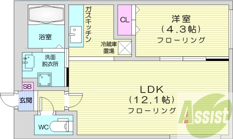 1LDK、エアコン、独立洗面台、シャワートイレ