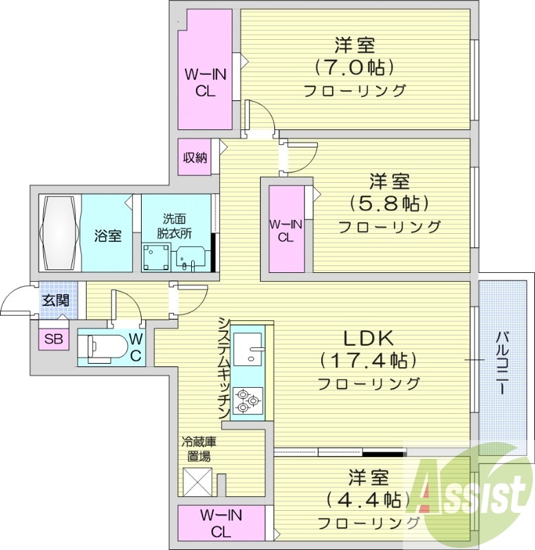 3LDK、エアコン、都市ガス、ペット飼育可