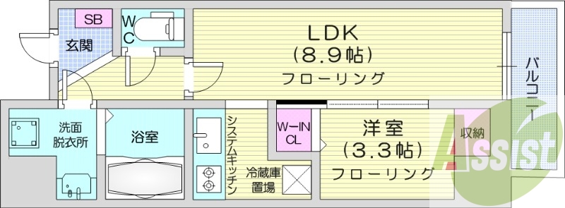 1LDK、エアコン、システムキッチン、床暖房