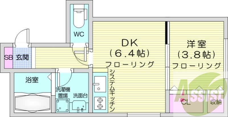 1DK、エアコン、カメラ付きインターホン、シューズボックス
