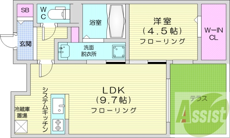 1LDK、エアコン、都市ガス、ペット飼育可