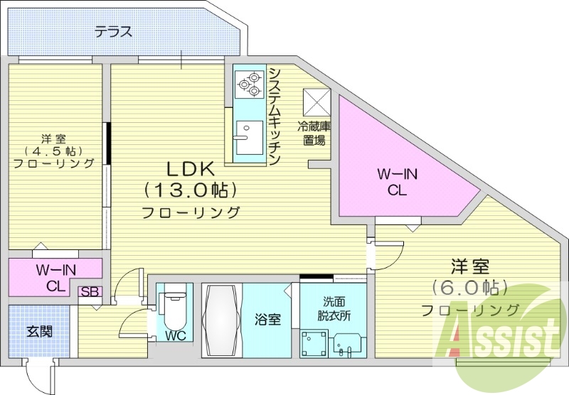 2LDK、エアコン、都市ガス、ペット飼育可