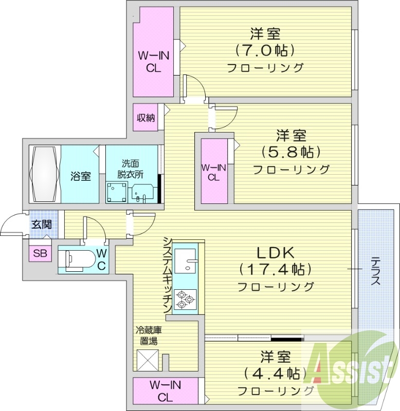 3LDK、エアコン、都市ガス、ペット飼育可