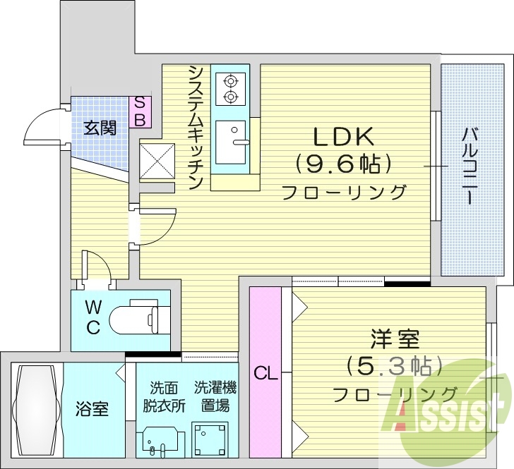 1LDK、システムキッチン、エアコン、バストイレ別