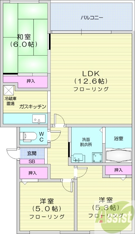 3LDK、都市ガス、ウォシュレット、独立洗面台、ペット相談