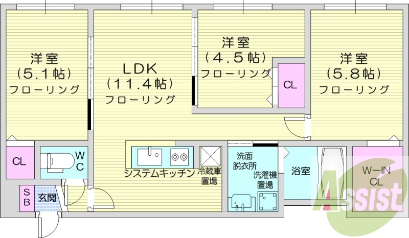 3LDK、インターネット使用料不要、エアコン
