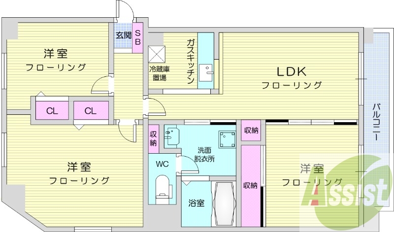 3LDK、エアコン、オートロック、灯油暖房