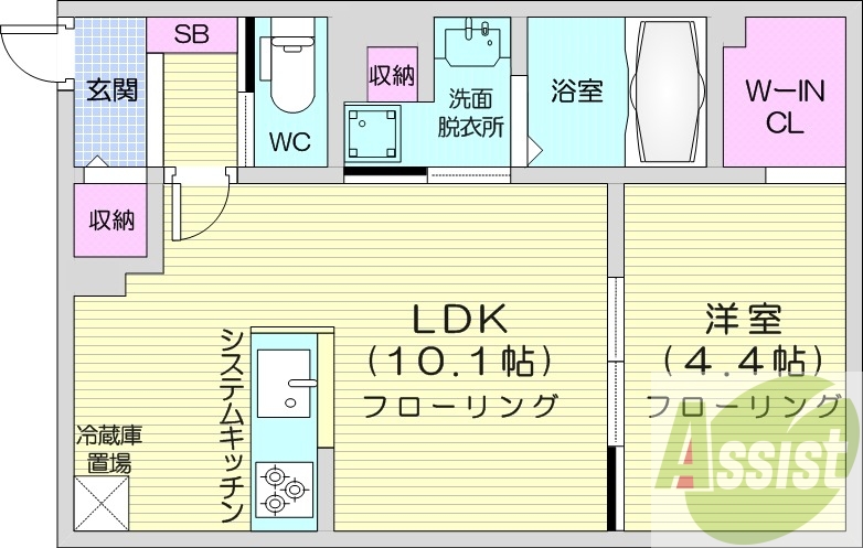 1LDK、都市ガス、エアコン、システムキッチン