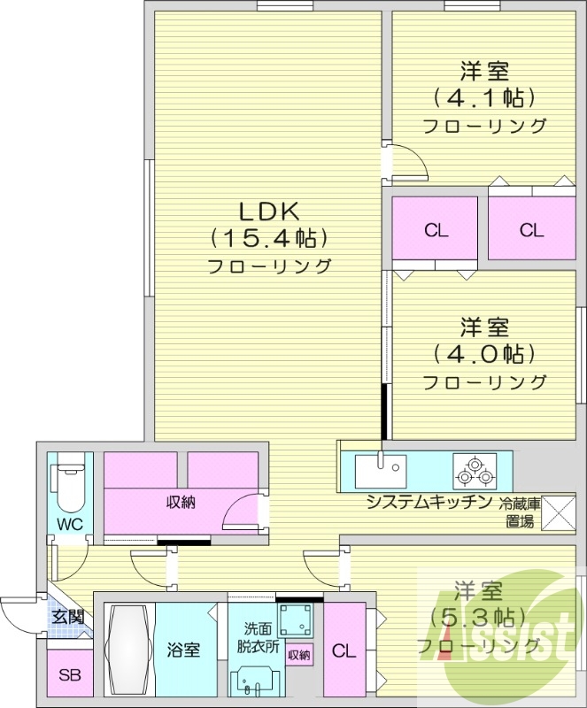 3LDK、都市ガス、エアコン、システムキッチン