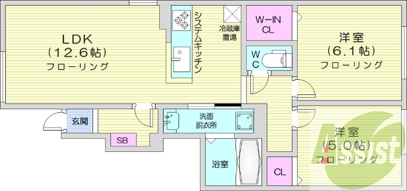 2LDK、システムキッチン、浴室乾燥機、エアコン