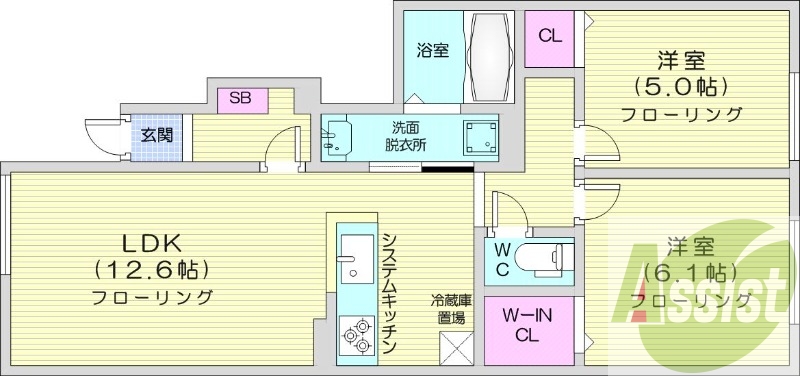 2LDK、システムキッチン、浴室乾燥機、エアコン
