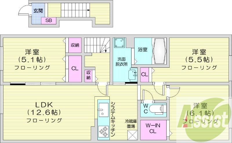 3LDK、システムキッチン、浴室乾燥機、追い炊き、エアコン