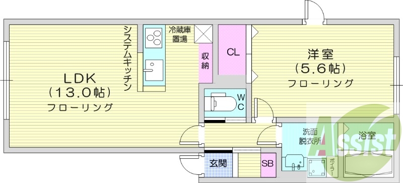 1LDK、エアコン、システムキッチン、独立洗面台