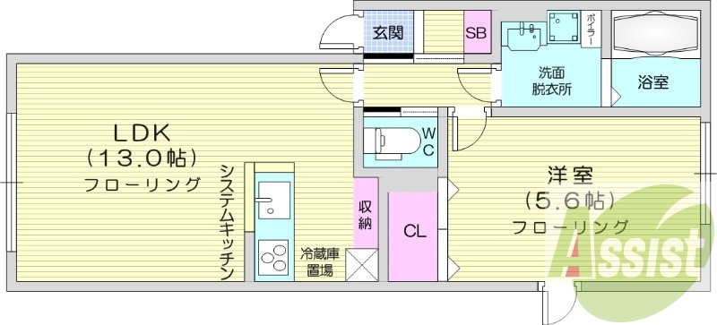 1LDK、エアコン、システムキッチン、独立洗面台