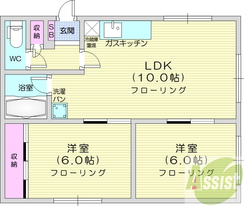 2LDK、シャワートイレ、バス・トイレ別、灯油暖房