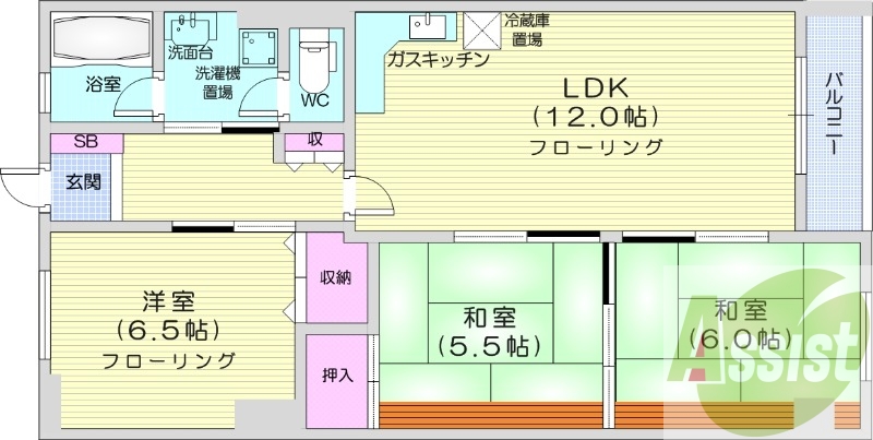 3LDK、オートロック、追い炊き、灯油給湯、バストイレ別