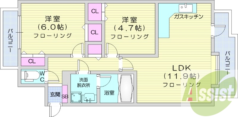 2LDK、都市ガス、エアコン、灯油暖房、シャンプードレッサー