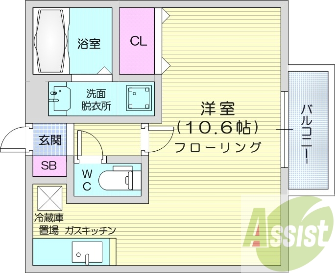 1K、オートロック、灯油暖房、カウンターキッチン