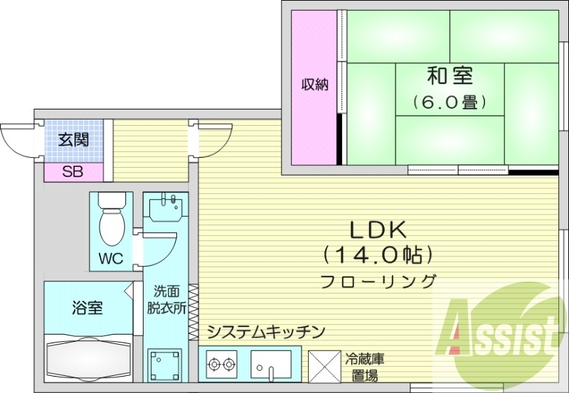 1LDK、都市ガス、灯油暖房、バストイレ別