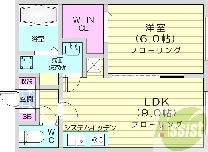 1LDK、エアコン、システムキッチン、独立洗面台、