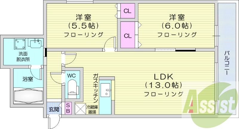 2LDK、エアコン、都市ガス、独立洗面台、