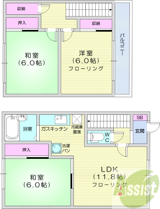 3LDK、灯油暖房、バルコニー、メゾネットタイプ
