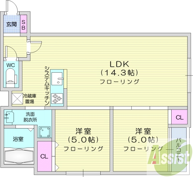 2LDK、システムキッチン、ネット無料、都市ガス