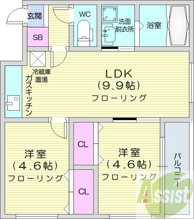 2LDK、ネット無料、エアコン、浴室乾燥、オートロック