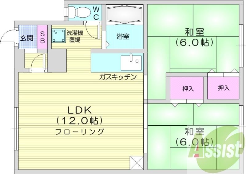 2LDK、エアコン、灯油暖房、ガスキッチン