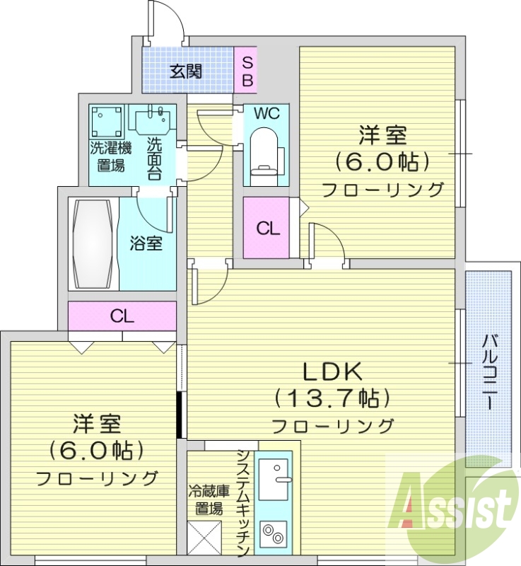 2LDK、対面キッチン、IHキッチン、エアコン、オートロック