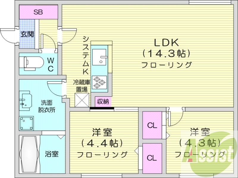 2LDK、エアコン、都市ガス、システムキッチン