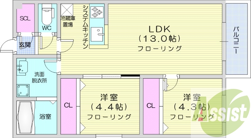 2LDK、エアコン、都市ガス、システムキッチン