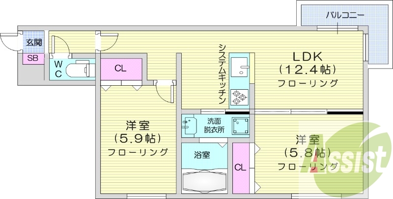 2LDK、都市ガス、エアコン、追い焚き、システムキッチン